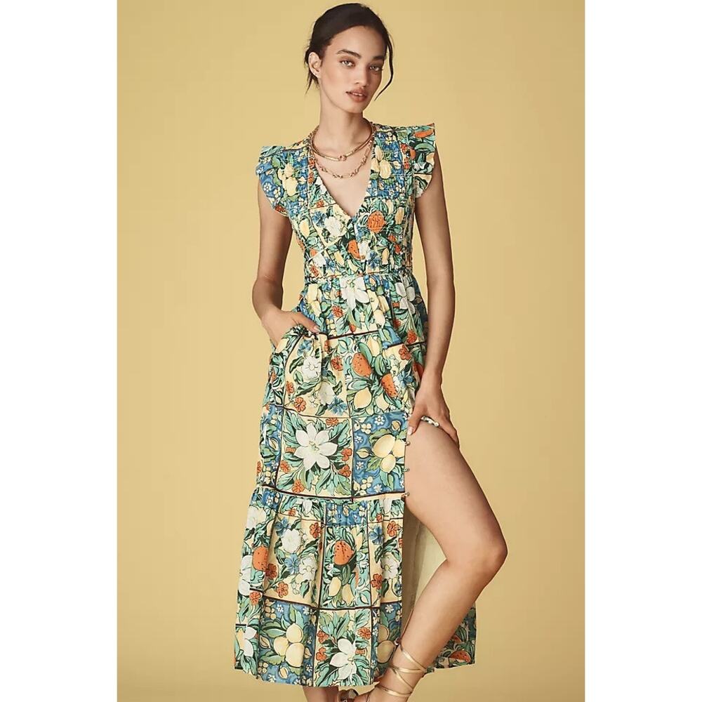 Anthropologie Floral Patchwork Midi Dress in Blue, Cream & Orange